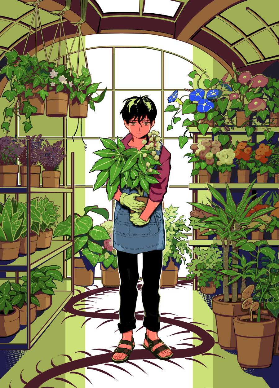 some twink holding a pot of paperplant (yatsude)