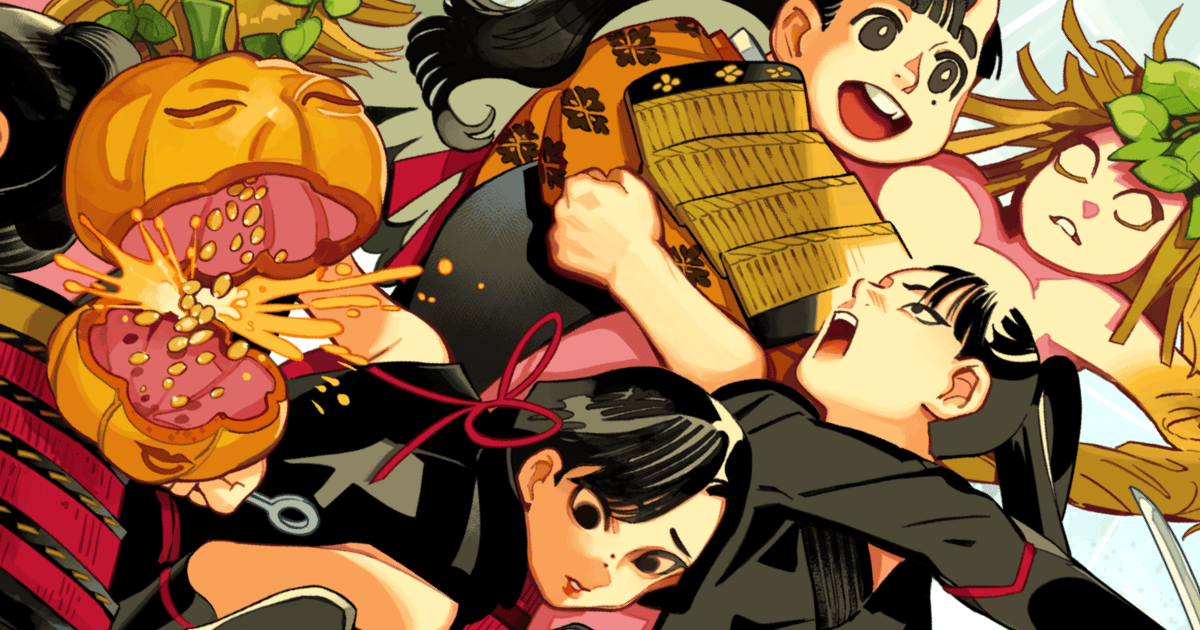 A cropped version of a digital illustration, consists of three characters: Tade, Hien and Benichidori. They seem to be in a middle of attacking a Dryad. On the left is a Dryad fruit (Pumpkin shaped) split open by someone. The overall color scheme is in warm, orange lighting.