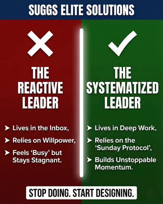 A vertical infographic titled "SUGGS ELITE SOLUTIONS" uses a red and green split-screen comparison. The left, red side, headed "THE REACTIVE LEADER" with a red X, lists bullet points: "Lives in the Inbox,", "Relies on Willpower,", "Feels 'Busy' but Stays 