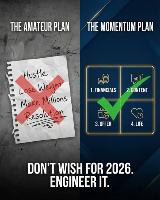 A high-contrast graphic titled "ENGINEER YOUR 2026" featuring the "Momentum Plan" 4-quadrant grid in gold. The quadrants display icons for Financials, Content, Offer, and Life, overlaid with a large green checkmark. The background is a dark blue circuit b