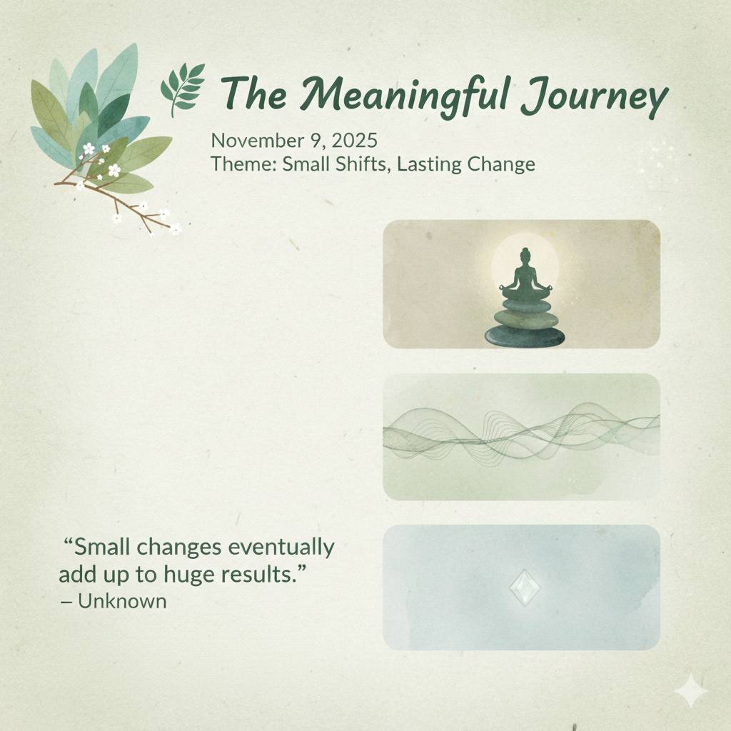 A tranquil, muted green and cream-colored newsletter thumbnail. At the top left, a stylized branch with green leaves and small white flowers. The title 'The Meaningful Journey' is in elegant green script, followed by 'November 9, 2025 — Theme: Small Shift