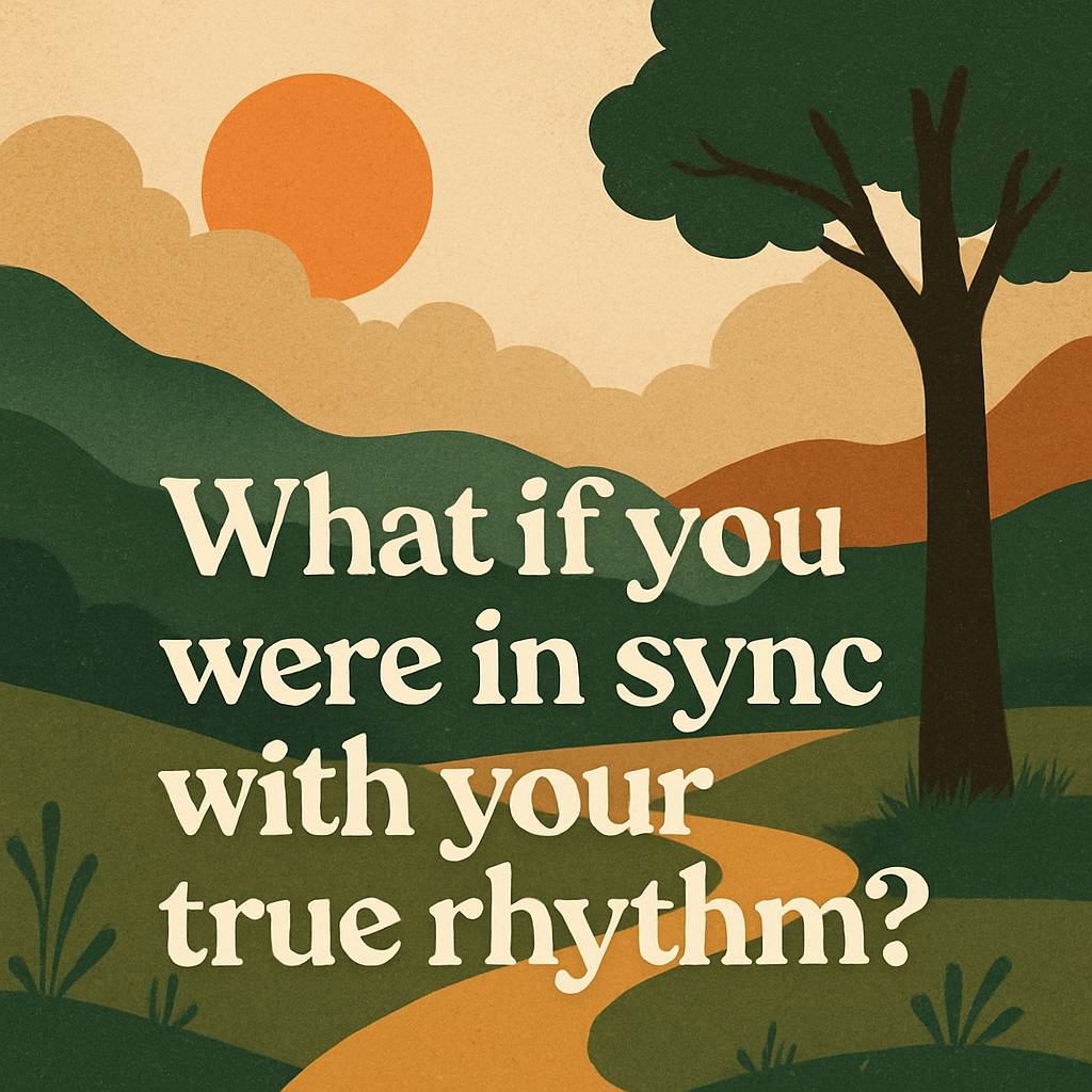 Illustrated landscape showing rolling hills, a winding path, and a large tree in the foreground with a vibrant orange sun rising behind clouds. Centered on the image is the text: “What if you were in sync with your true rhythm?” The style evokes reflectio