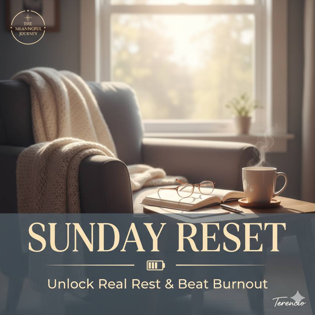 A cozy living room scene with an armchair, a warm blanket, a steaming mug, and a book on a side table next to a sunlit window. The image has text overlays that read 'SUNDAY RESET' and 'Unlock Real Rest & Beat Burnout', along with 'The Meaningful Journey' 