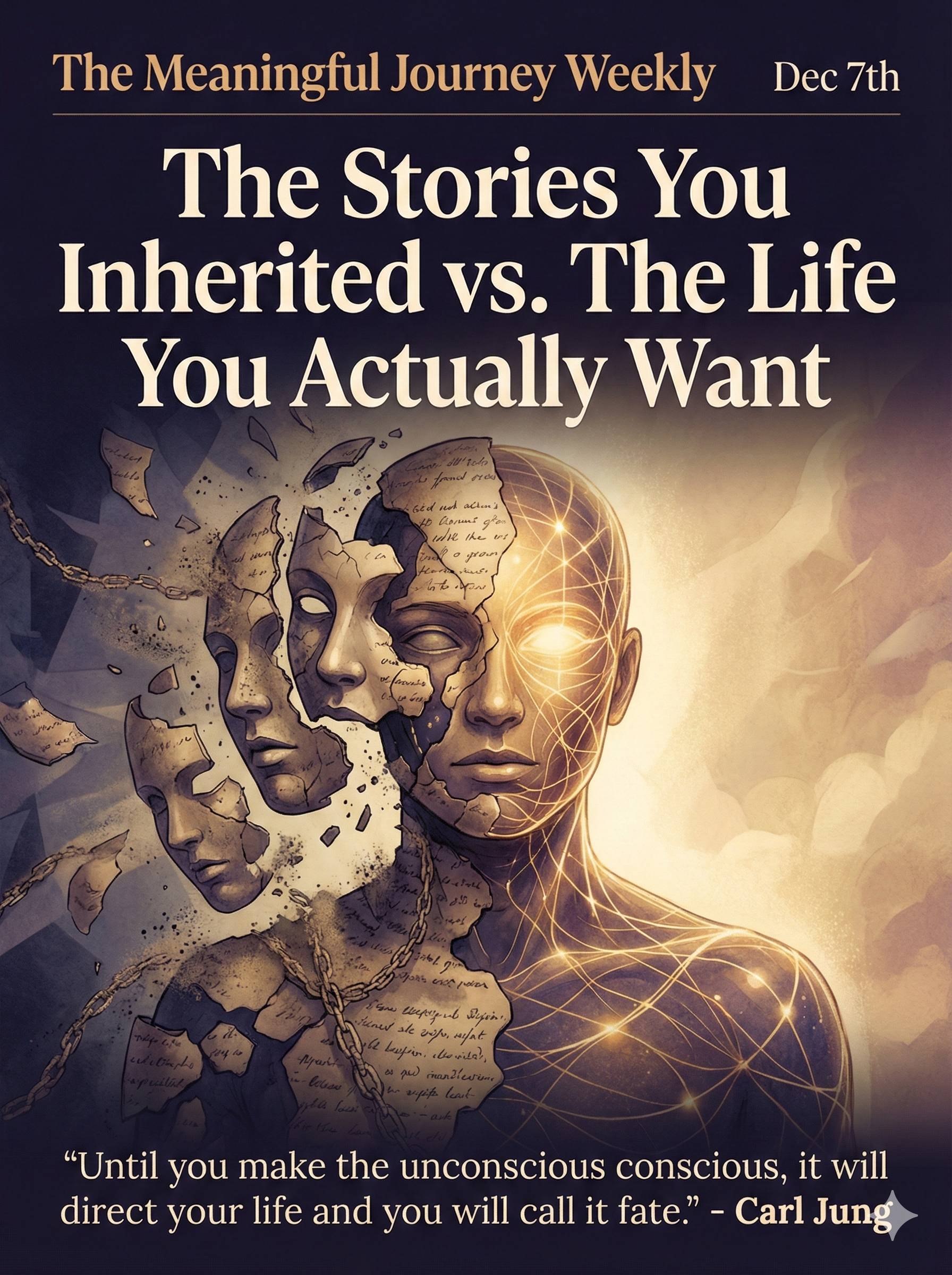 Newsletter thumbnail for "The Meaningful Journey Weekly" on Dec 7th. The main headline reads "The Stories You Inherited vs. The Life You Actually Want." An illustration shows a figure shedding fragmented masks made of paper with text, revealing a glowing,
