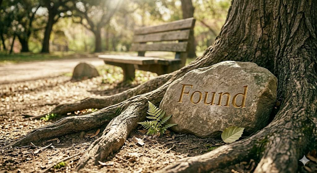 A close-up photograph of a natural, mossy boulder engraved with the word "Found" in gold letters, resting among thick tree roots in a sun-dappled park. In the background, a wooden bench sits along a quiet dirt path under a leafy canopy.