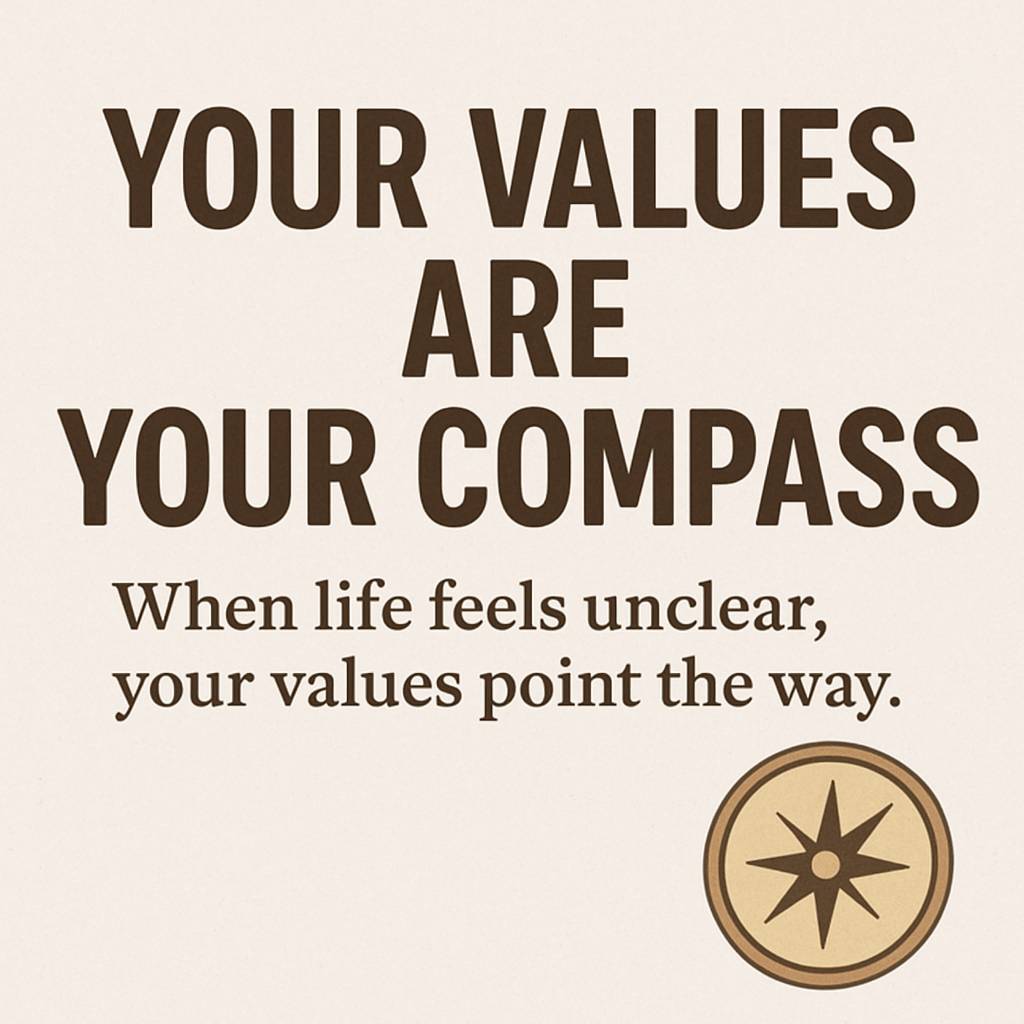 Minimalist compass illustration with bold text reading “Your values are your compass” and a subtitle “When life feels unclear, your values point the way.” Designed in orange and black brand tones on a clean background.