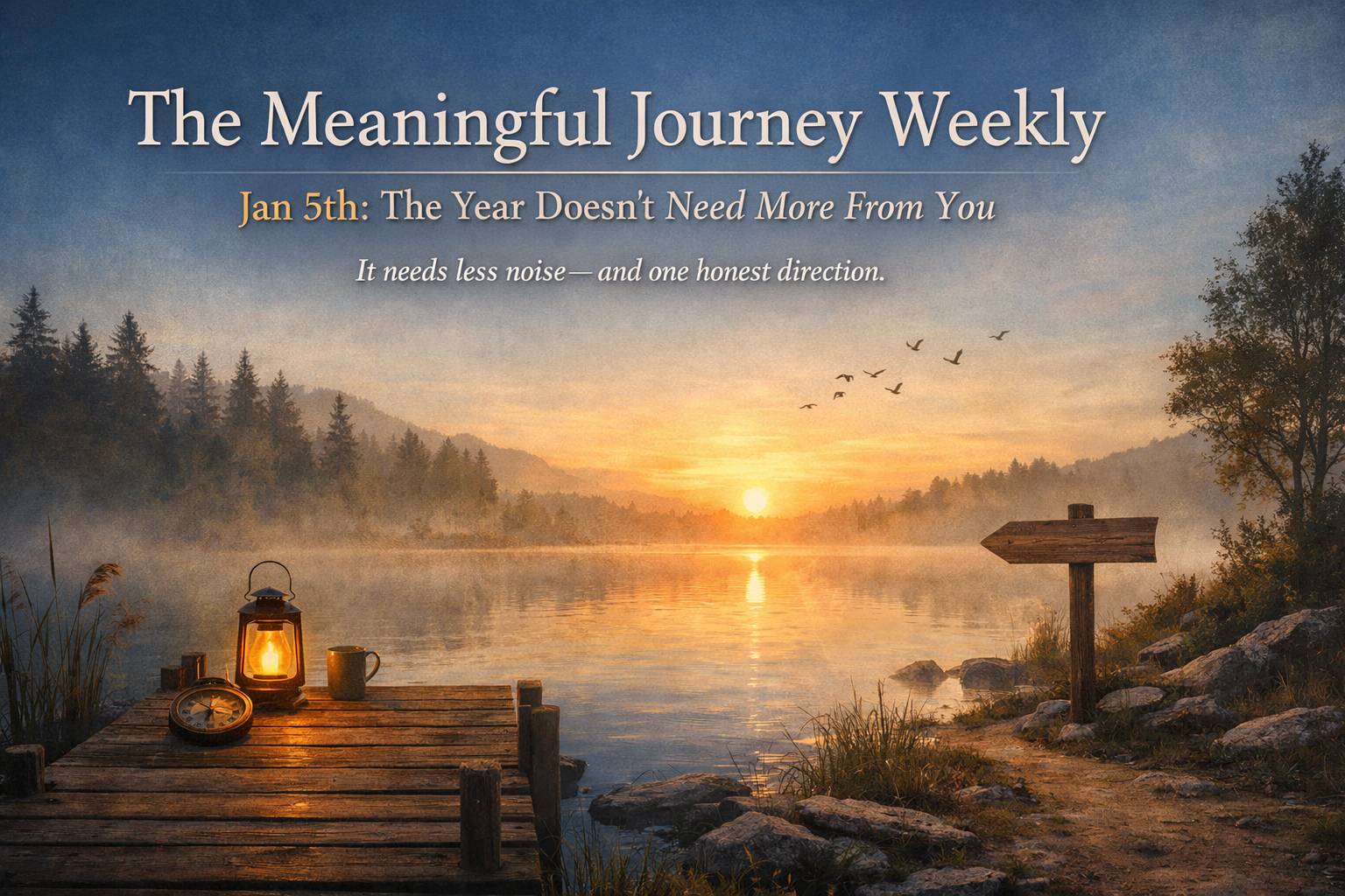 Serene sunrise over a quiet lake with a wooden dock, lantern, compass, and signpost symbolizing clarity, reflection, and intentional direction.