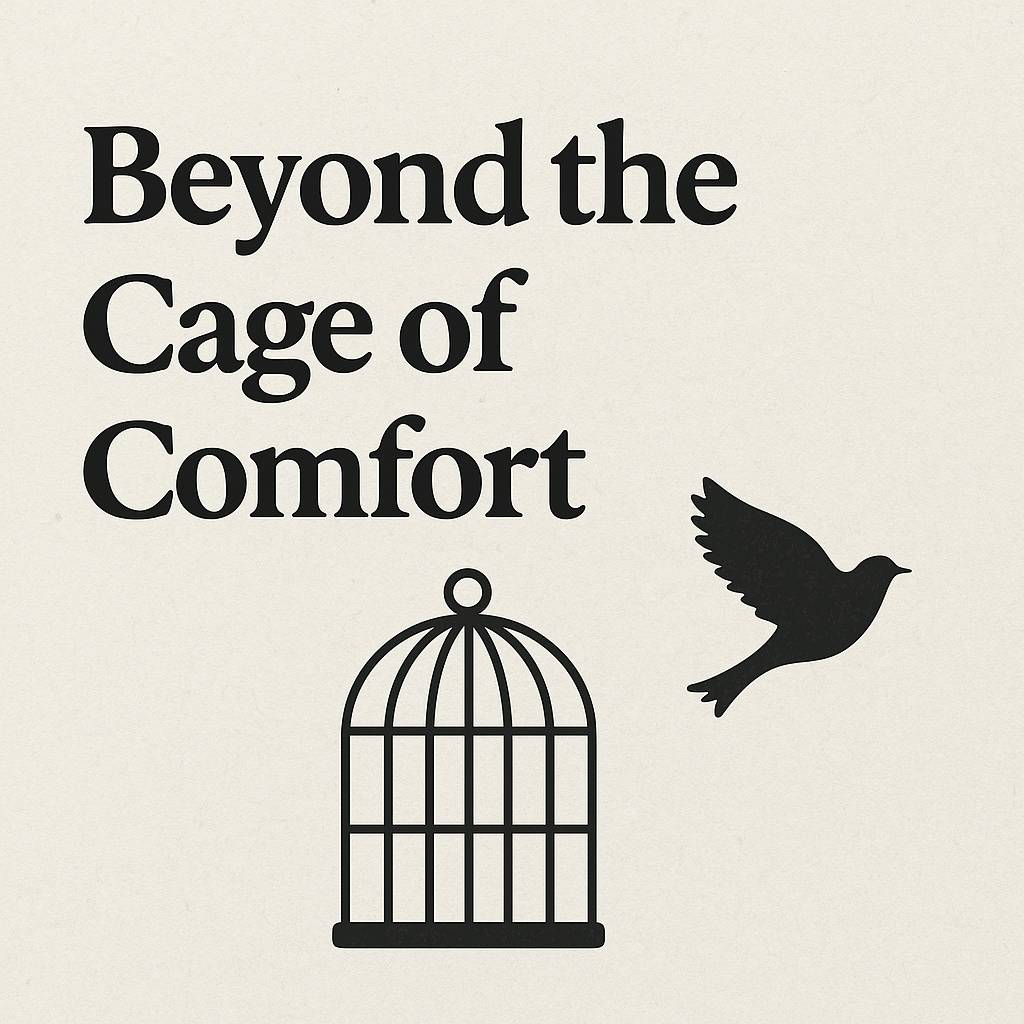 Minimalist graphic with the title 'Beyond the Cage of Comfort' in bold black serif font on a cream background. Below the text, a simple black silhouette of a birdcage stands to the left, while a bird flies freely to the right—symbolizing escape, freedom, 
