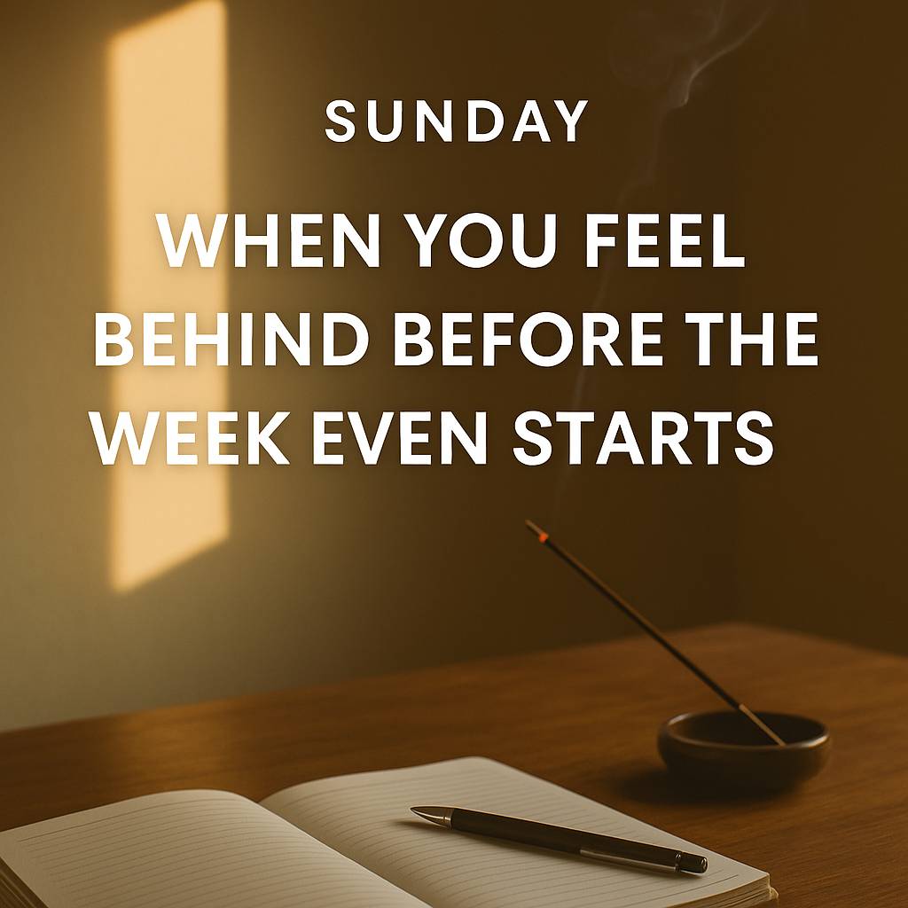 A calm early-morning scene with warm light coming through a window, a notebook and pen on a wooden table, symbolizing reflection and a fresh start to the week.