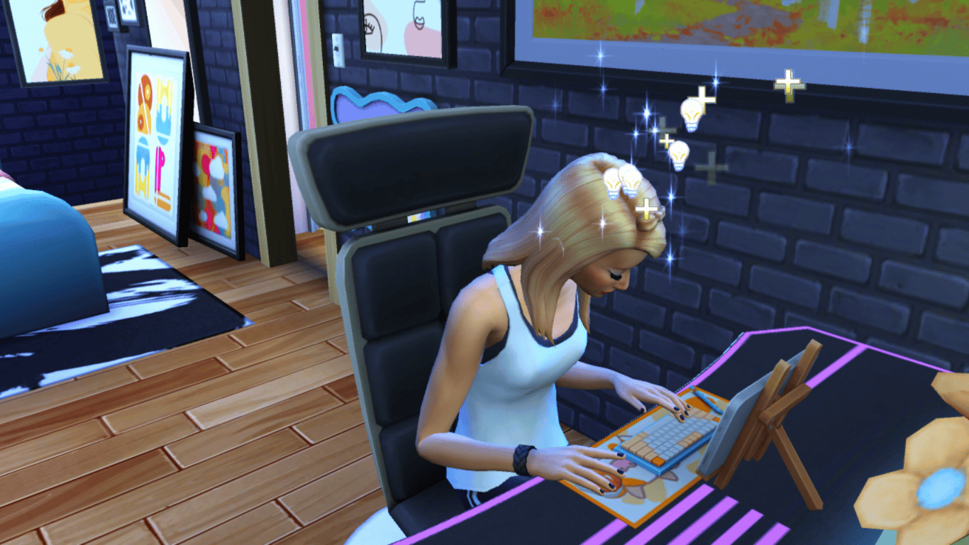 Light-skinned Sim with blonde hair sitting at a neon-and-black desk typing on a tablet keyboard