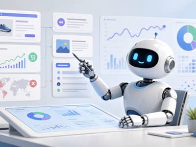 Friendly Visibility Report robot analyst comparing ChatGPT ad controls, AI citations, and conversion measurement dashboards.