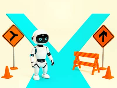 Visibility Report robot facing a clear fork in the road with orange danger signs.