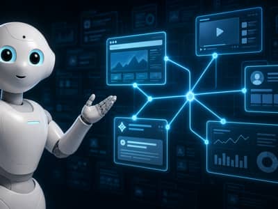Friendly white robot presenting a glowing cross-platform visibility graph connecting website, social, video, AI citation, and analytics cards.