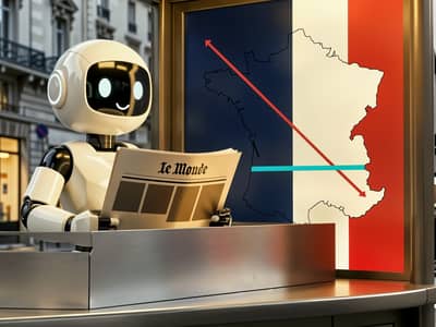Friendly glossy white Visibility Report robot reading Le Monde beside a French tricolor map and contrasting audience lines.