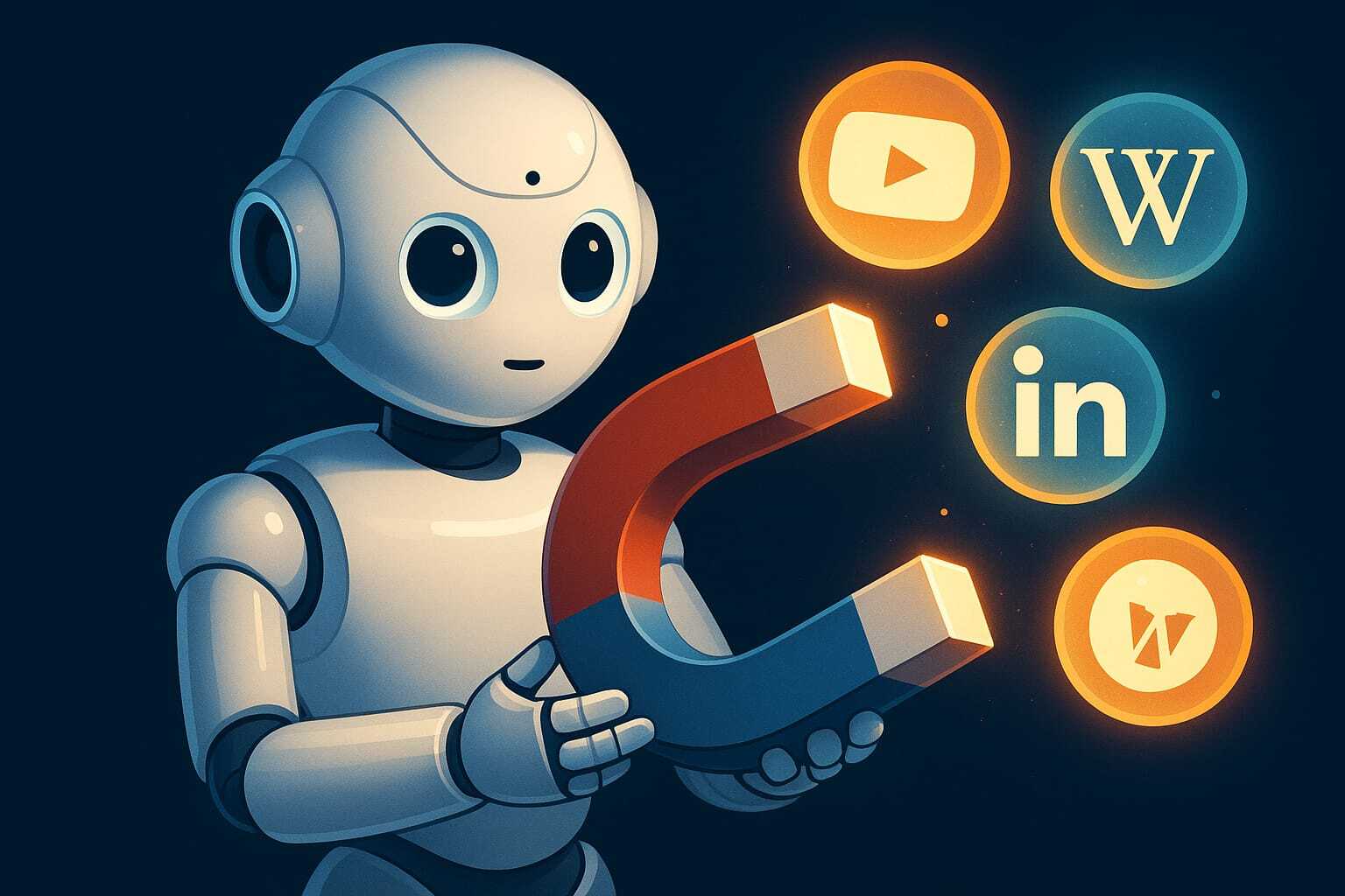 A white robot holds a large magnet attracting glowing citation bubbles from Reddit, YouTube, Wikipedia, and LinkedIn.