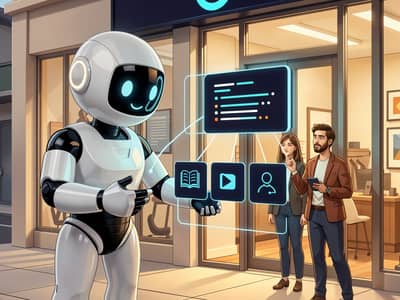 A white robot examines an AI answer card intercepting a branded search outside a company storefront