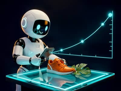 Friendly glossy white Visibility Report robot using a phone to scan an orange shoe and green leaf on a glowing light table beside an unlabeled rising measurement line