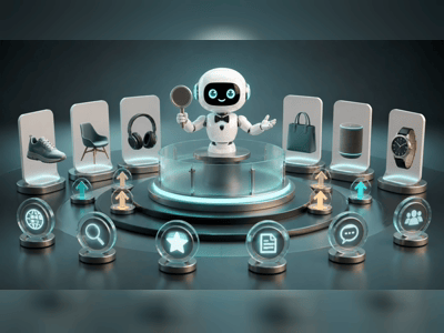 Friendly white robot auctioneer centered behind a product-carousel bidding platform with bid arrows and citation tokens.