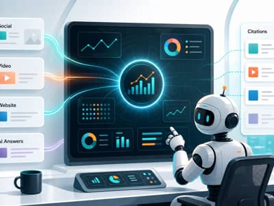 Friendly Visibility Report robot measuring AI answer citations and visibility dashboards.
