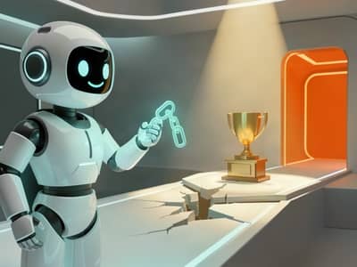 Friendly white Visibility Report robot holding a glowing citation link beside a broken bridge, with a trophy and orange action doorway across the gap.