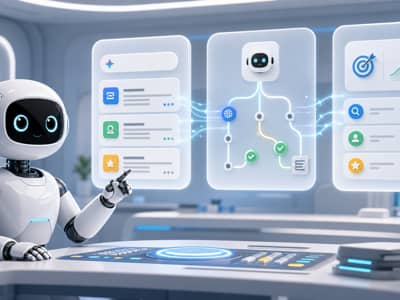 Friendly white robot at an AI search control desk with panels for citations, crawler access, and paid search automation.