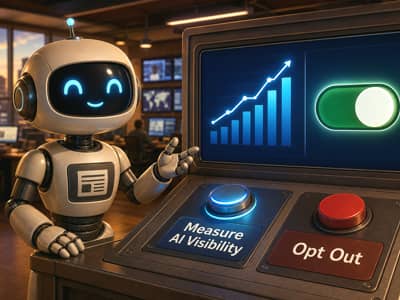 Friendly Visibility Report robot at a publisher control panel with Measure AI Visibility and Opt Out controls.