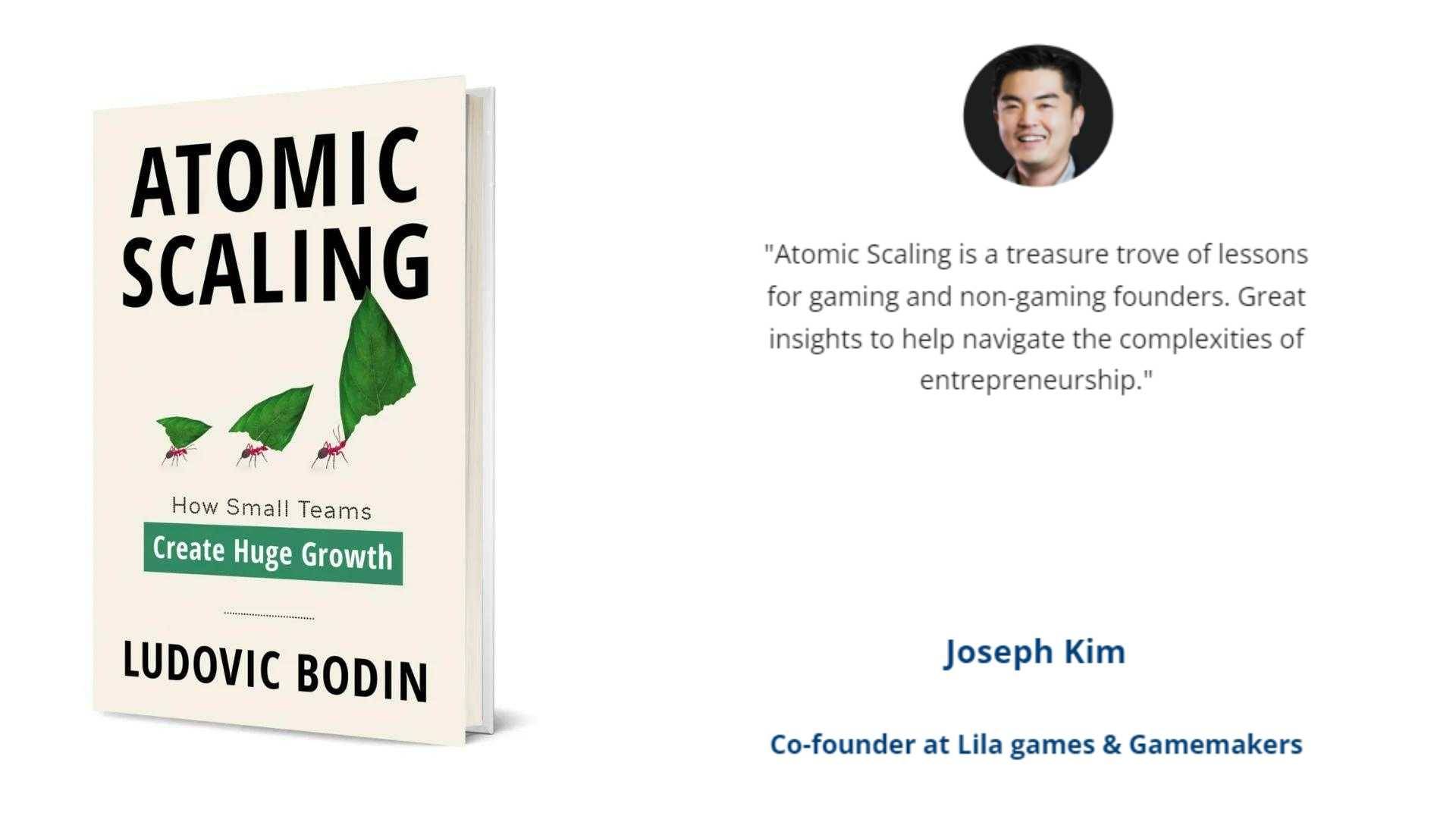 Image of Atomic Scaling book and a quote from Joseph Kim