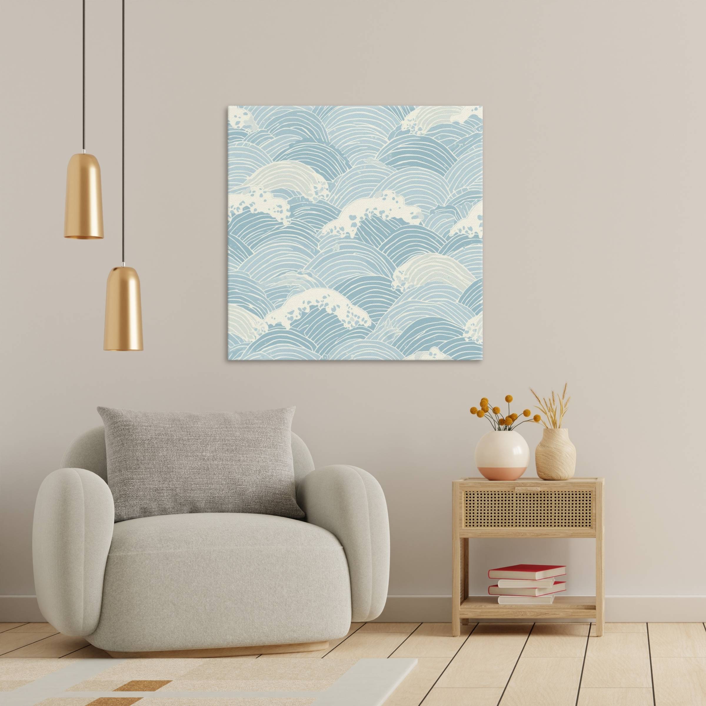 Seigaiha canvas print above an accent chair and neutral side table.