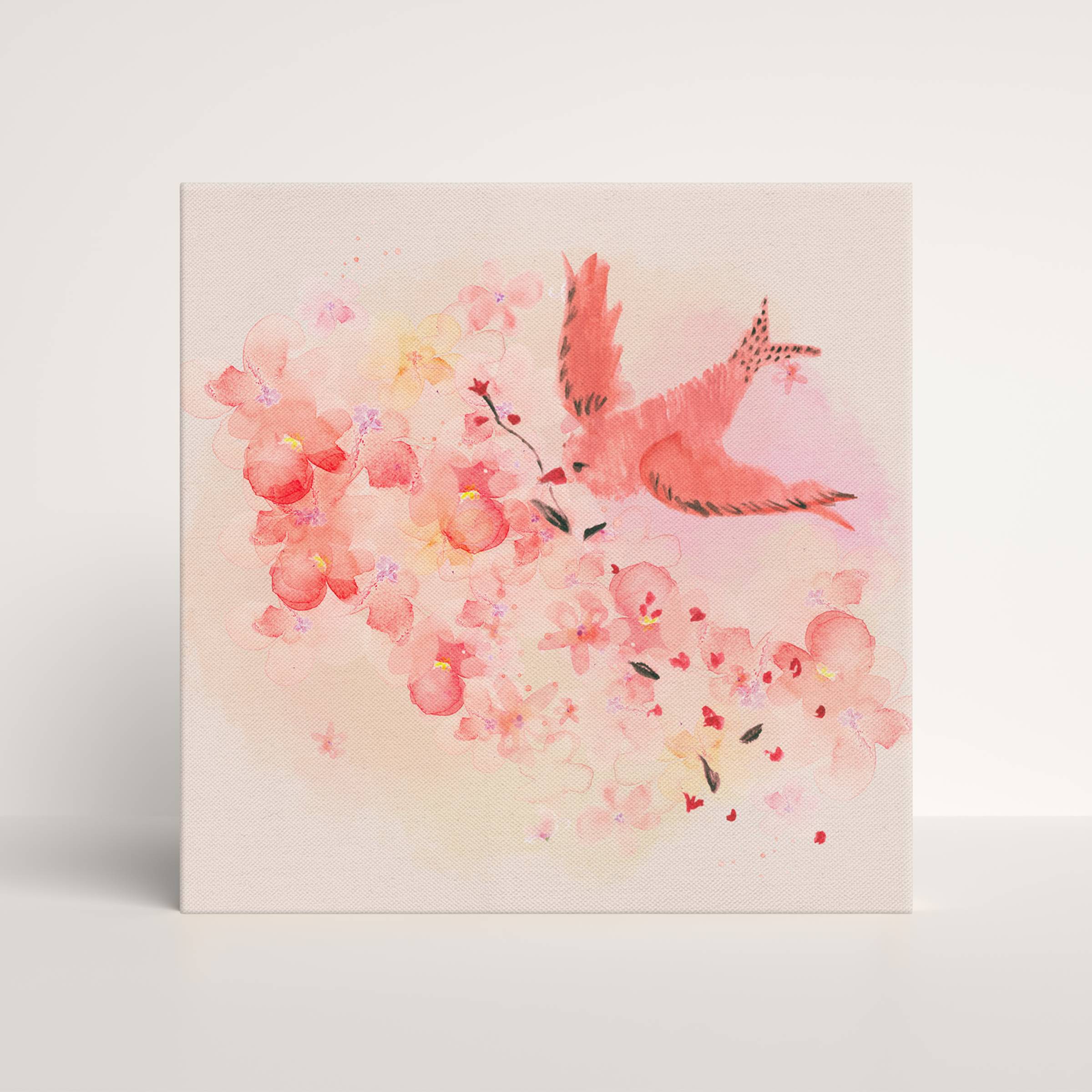 A flying red bird surrounded by watercolor flower petals.