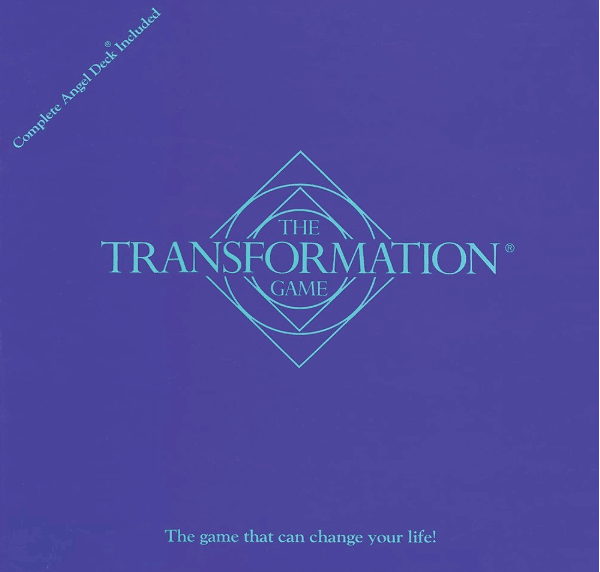 Purple box cover for The Transformation Game with teal lettering and geometric line art, plus the subtitle, “The game that can change your life!”