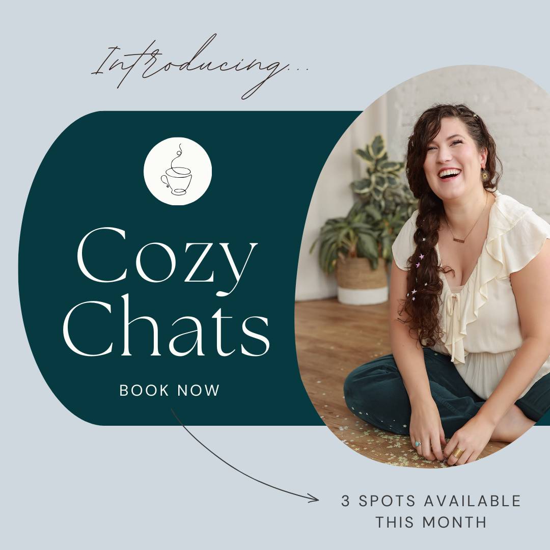 Promotional graphic for 'Cozy Chats.' The text reads 'Introducing Cozy Chats - Book Now.' A small coffee cup illustration is placed above the title. Arianna Smith is pictured on the right, sitting cross-legged on a wooden floor with a light background and a plant behind her. Text at the bottom mentions '3 spots available this month.