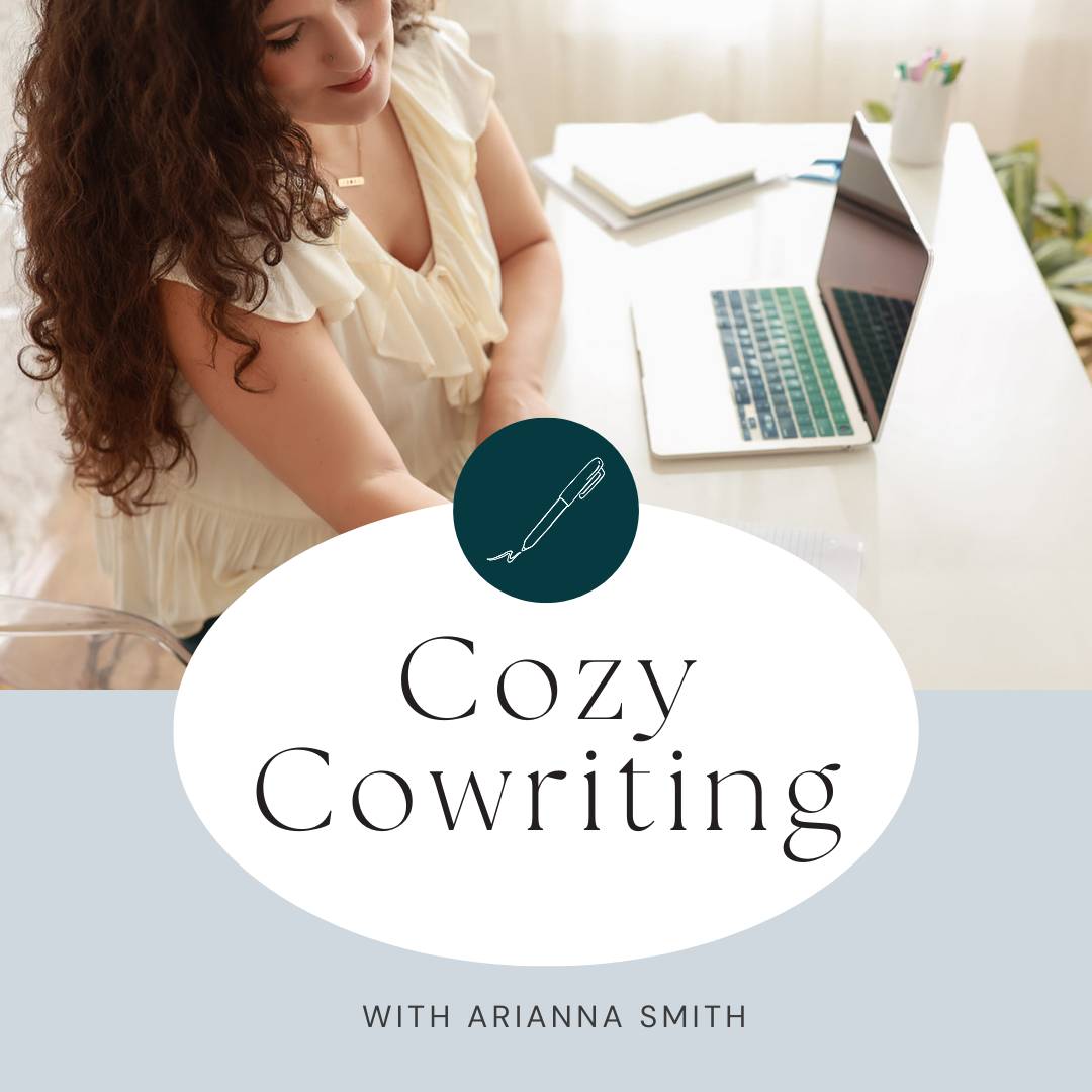 A promotional graphic featuring a woman with wavy, dark hair leaning over a white desk with an open laptop. She wears a ruffled, cream-colored top and appears focused on her work. Overlaid on the lower portion is a white and pale-blue oval containing a pen icon alongside the text “Cozy Cowriting with Arianna Smith.”