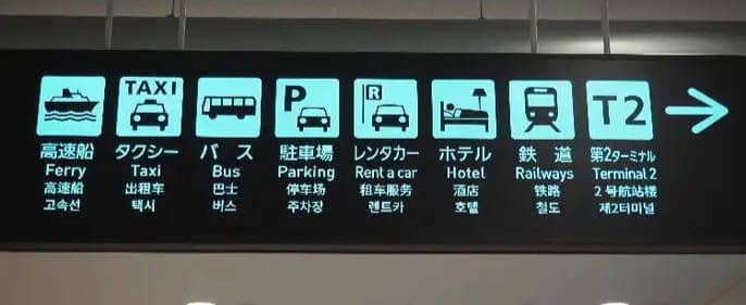 Multilingual airport sign with transportation information