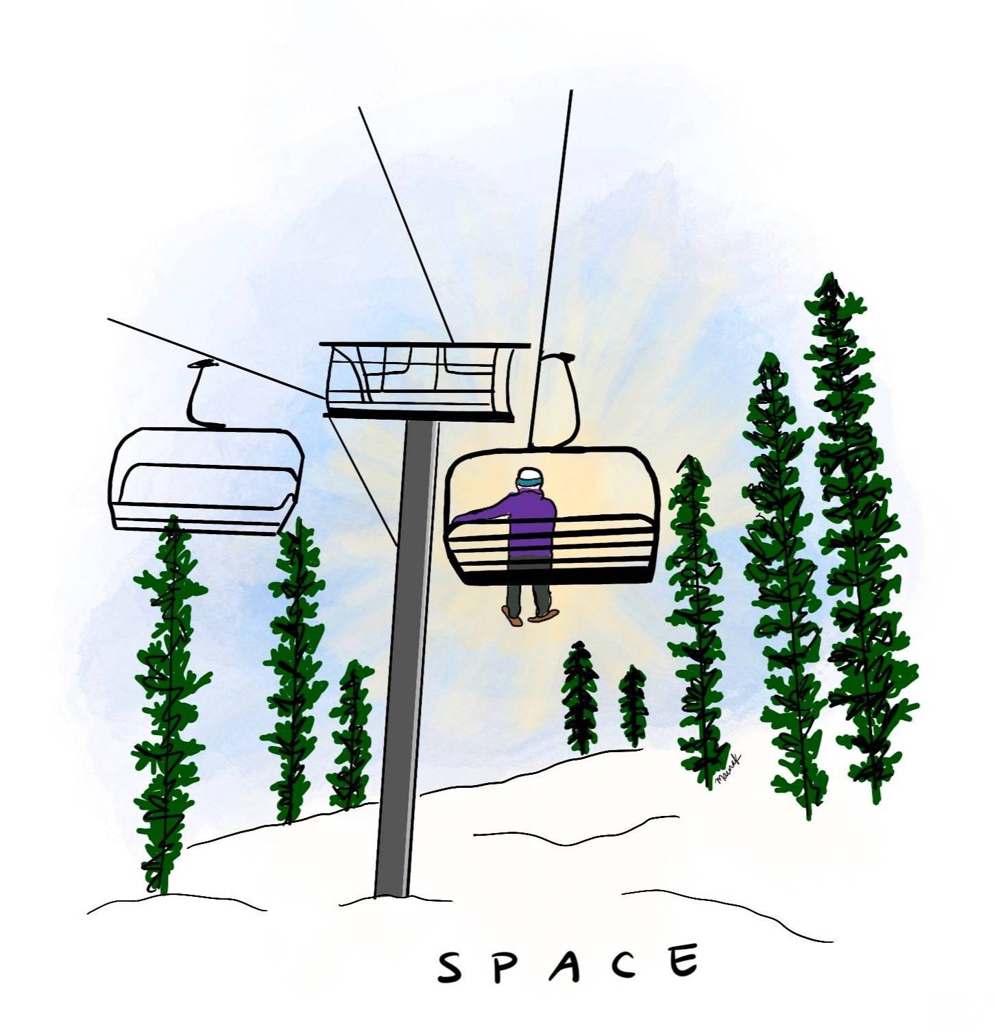 skier on lift chair having epiphany 