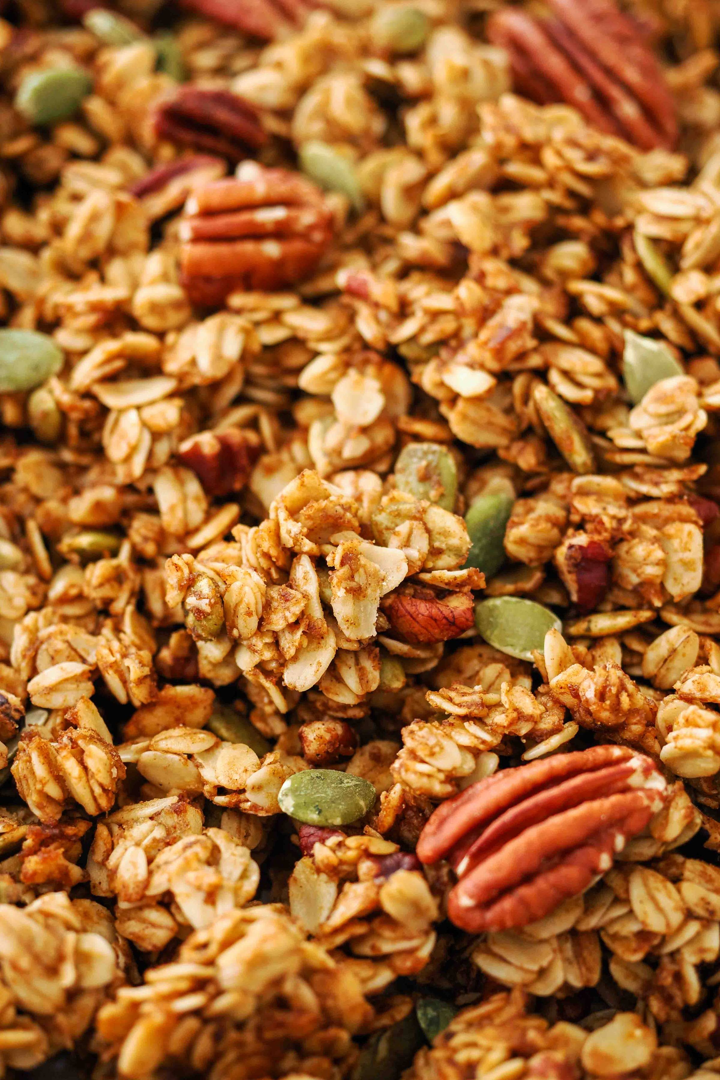A closeup of pumpkin spice granola