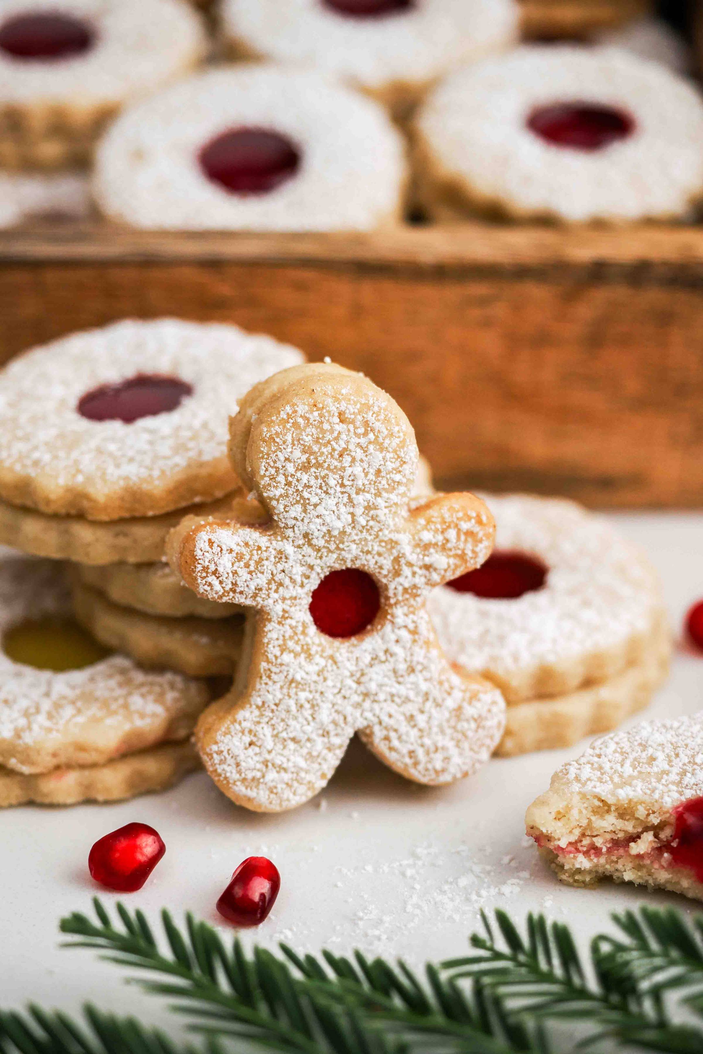 A Linzer cookie in the form of a gingerbread man