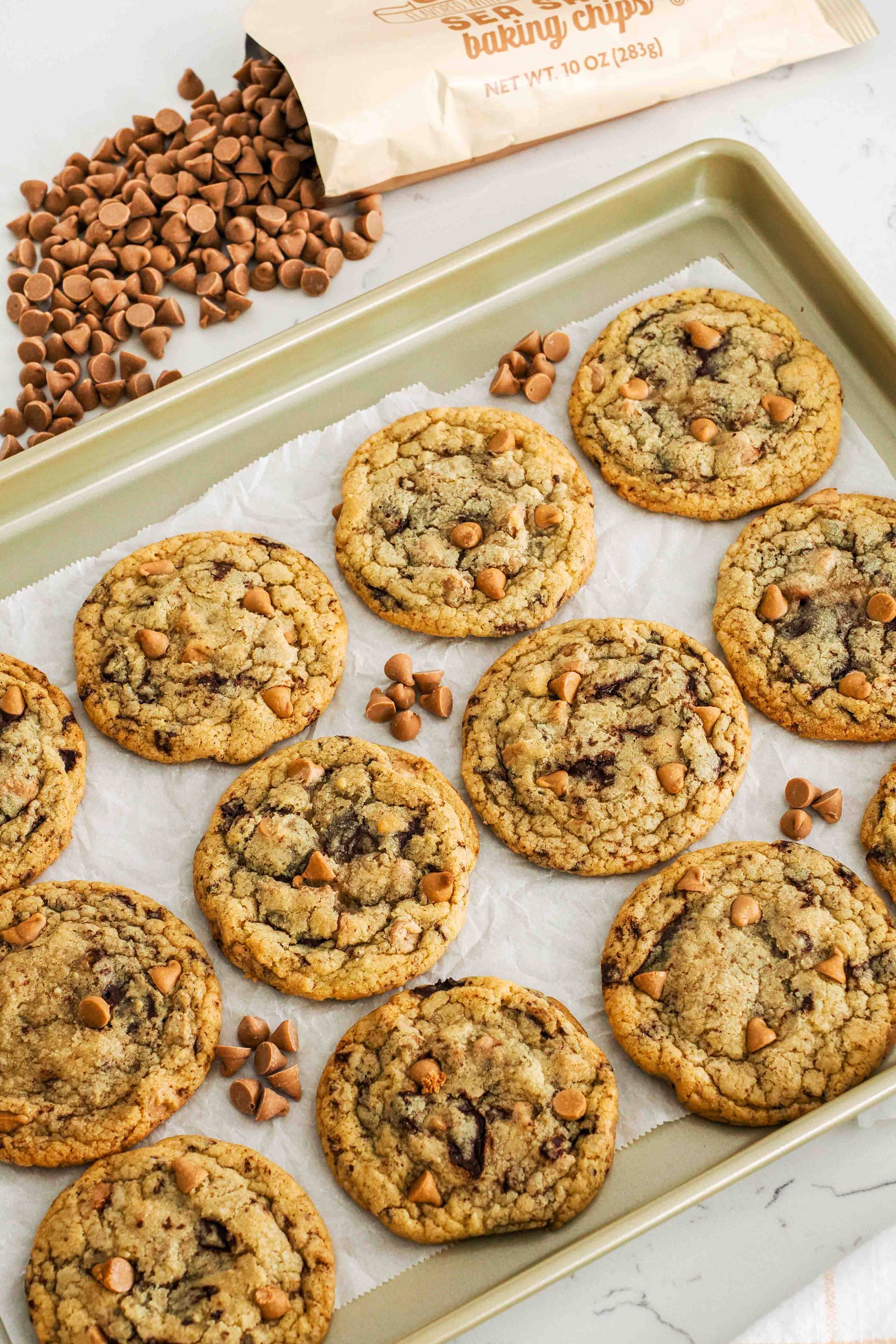 A pan of chocolate chip cookies with caramel chips