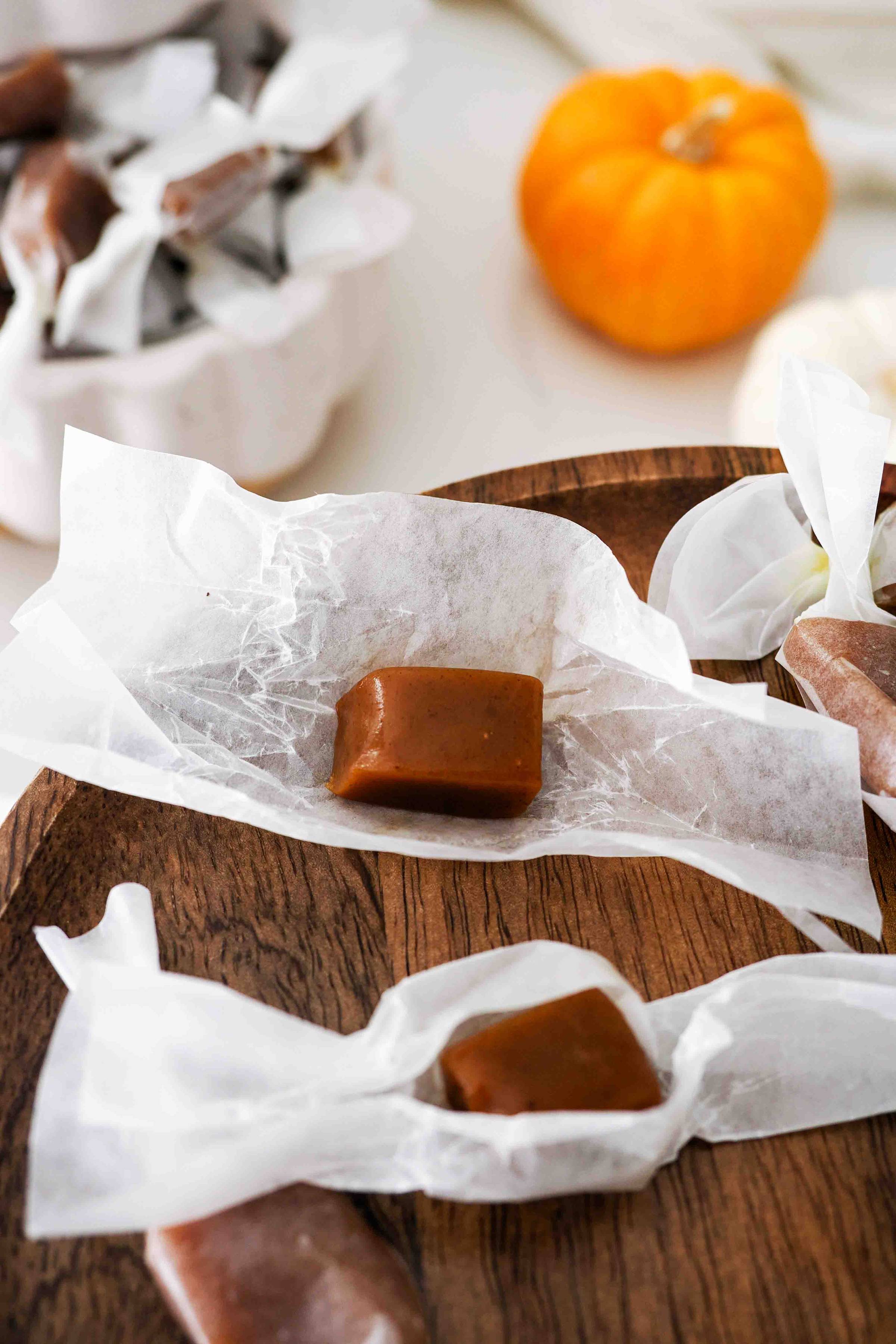 An unwrapped pumpkin spice caramel.
