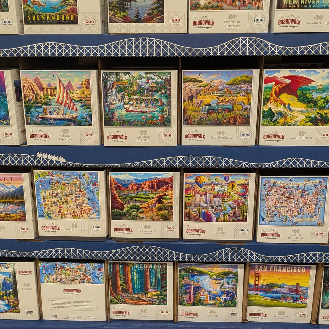 A row of puzzles at Costco.