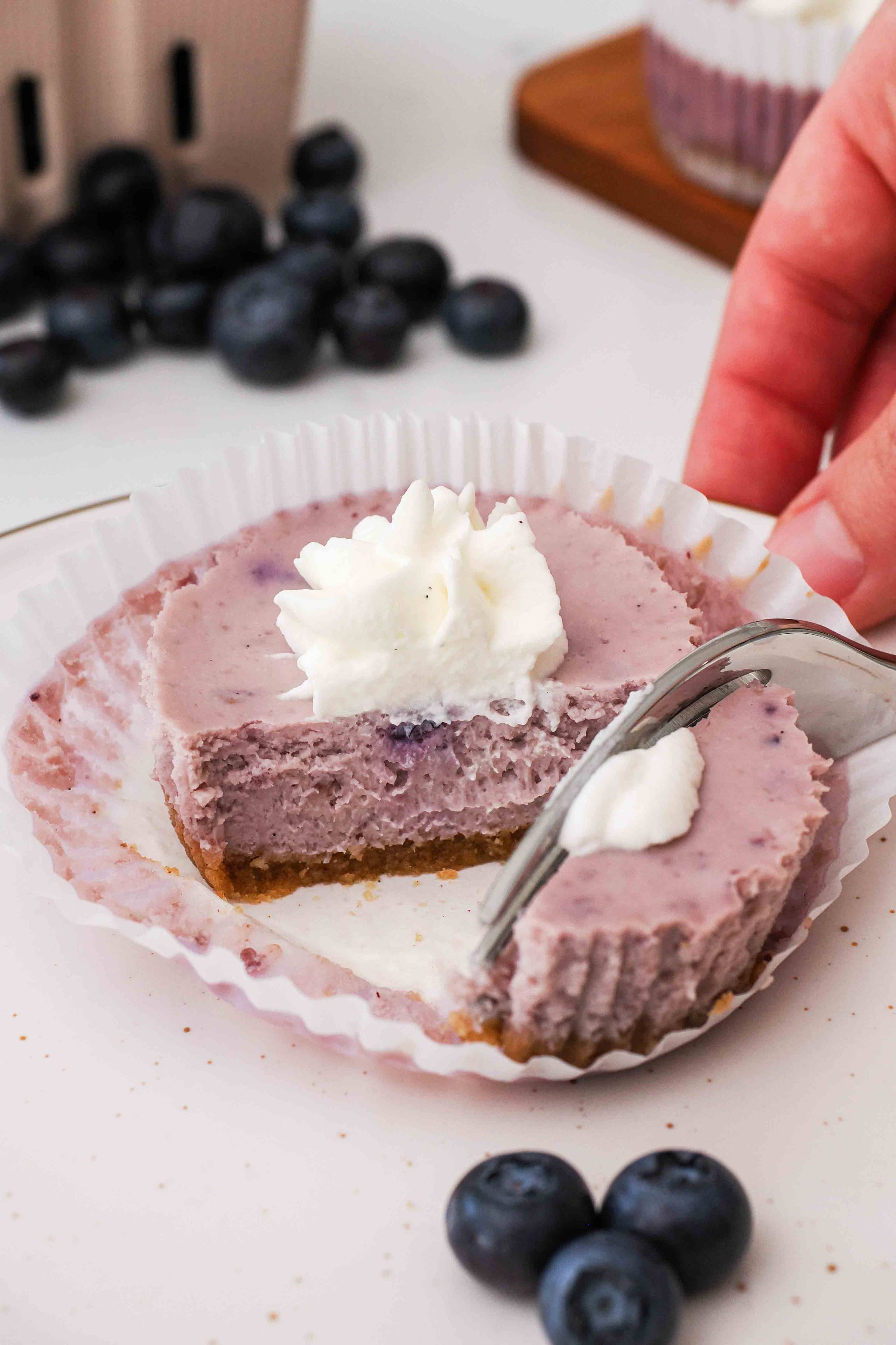 A mini blueberry cheesecake cut in half