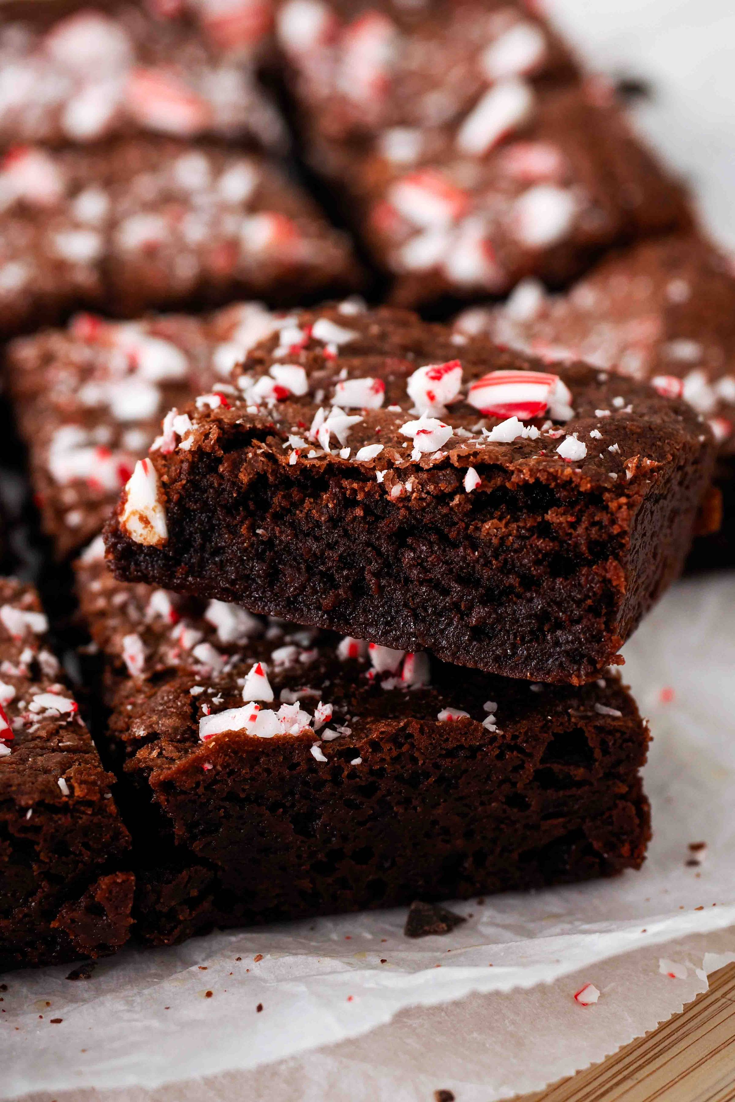 A closeup of a peppermint brownie square