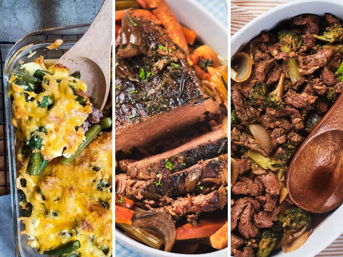 Three images of casserole dishes lined up side by side.