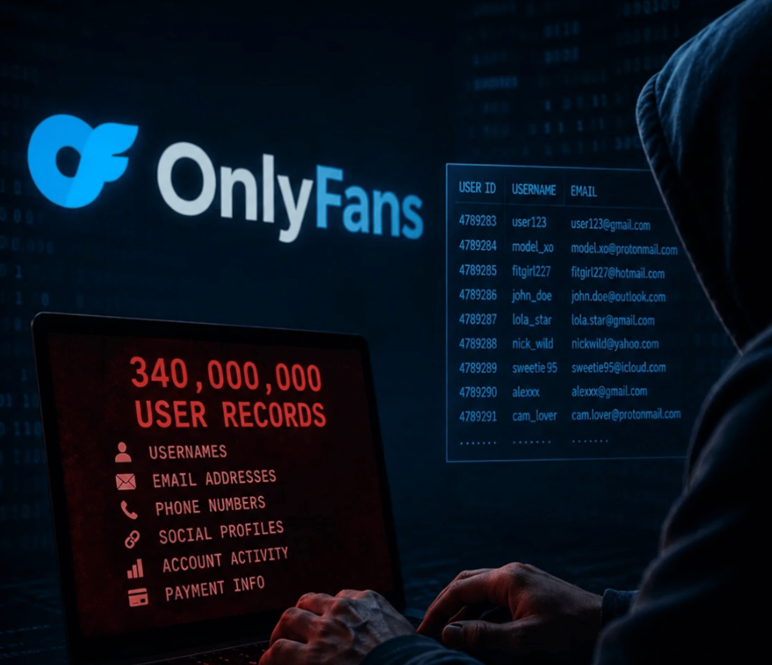 A stylized digital graphic representing a massive data breach, featuring glowing binary code, lock icons, and a dark background.
