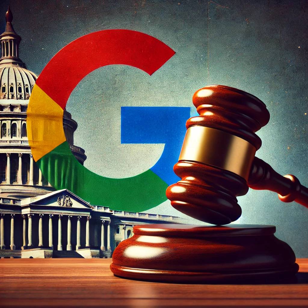 A Google logo alongside a court gavel and a legal building, representing the $135M cellular tracking class-action lawsuit.