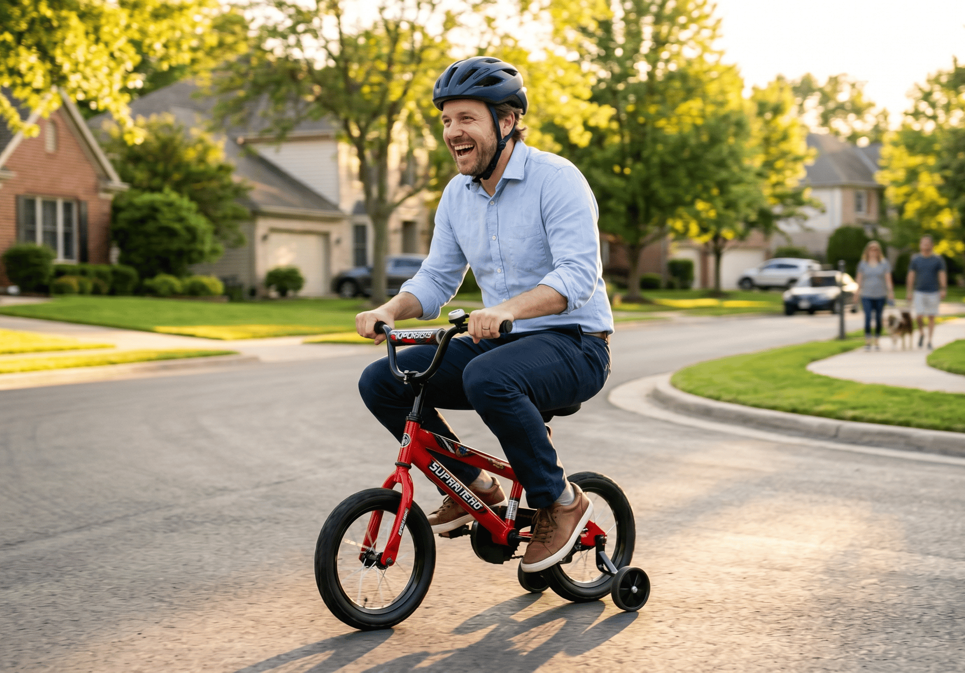a man riding a too-small bicycle but enjoying the fuck out of it