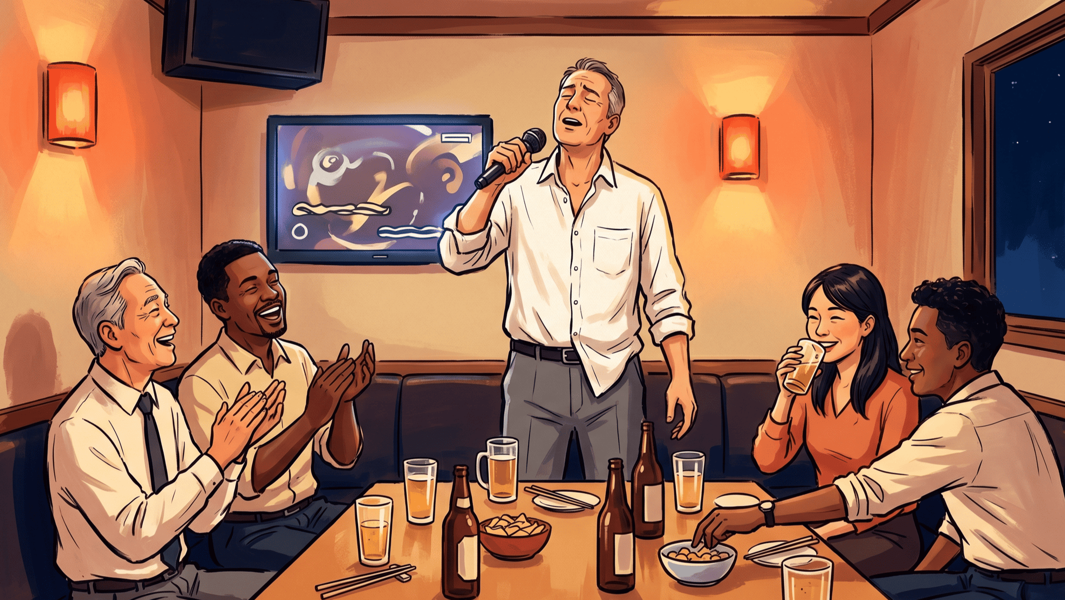 Illustration of a warm karaoke booth: a man in a white shirt sings into a microphone with eyes closed while four colleagues laugh and applaud around a table of beers, drinks, and snacks.