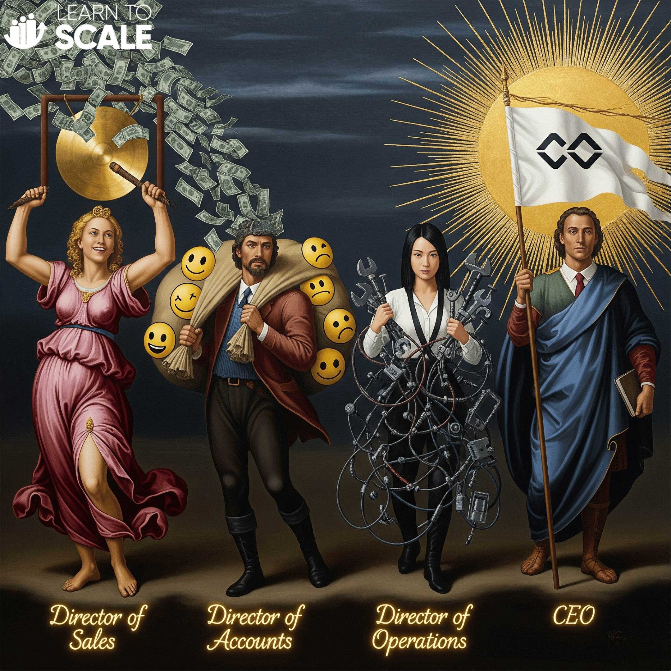 four individuals in a Renaissance style symbolizing Sales, Account Management, Operations, and Leadership