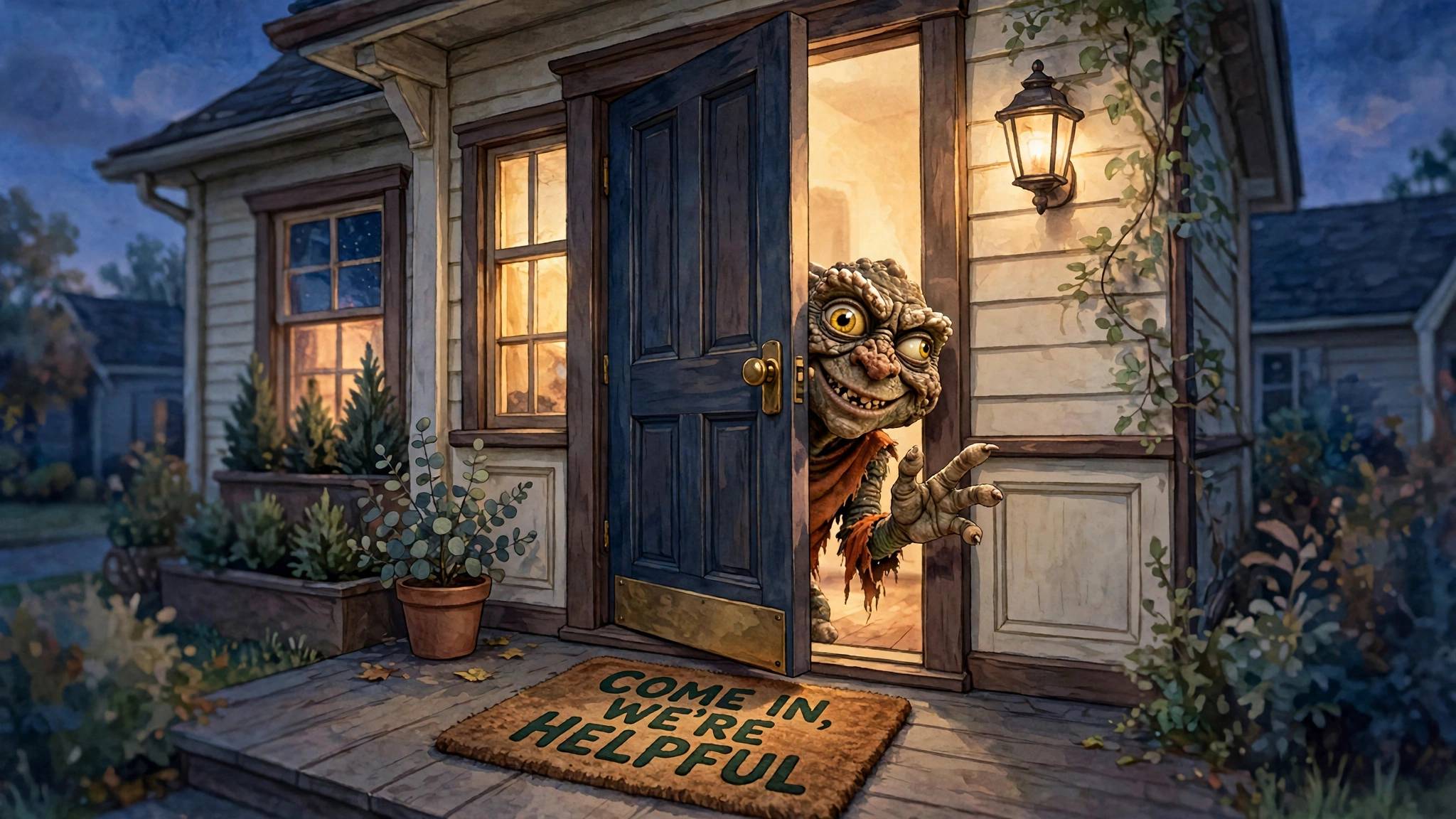 Storybook-style illustration of a cozy suburban front door at dusk, standing slightly ajar with warm golden light spilling onto the porch. A doormat reads "COME IN, WE'RE HELPFUL." Peeking from the doorway is a small gremlin with wrinkled greenish-brown s