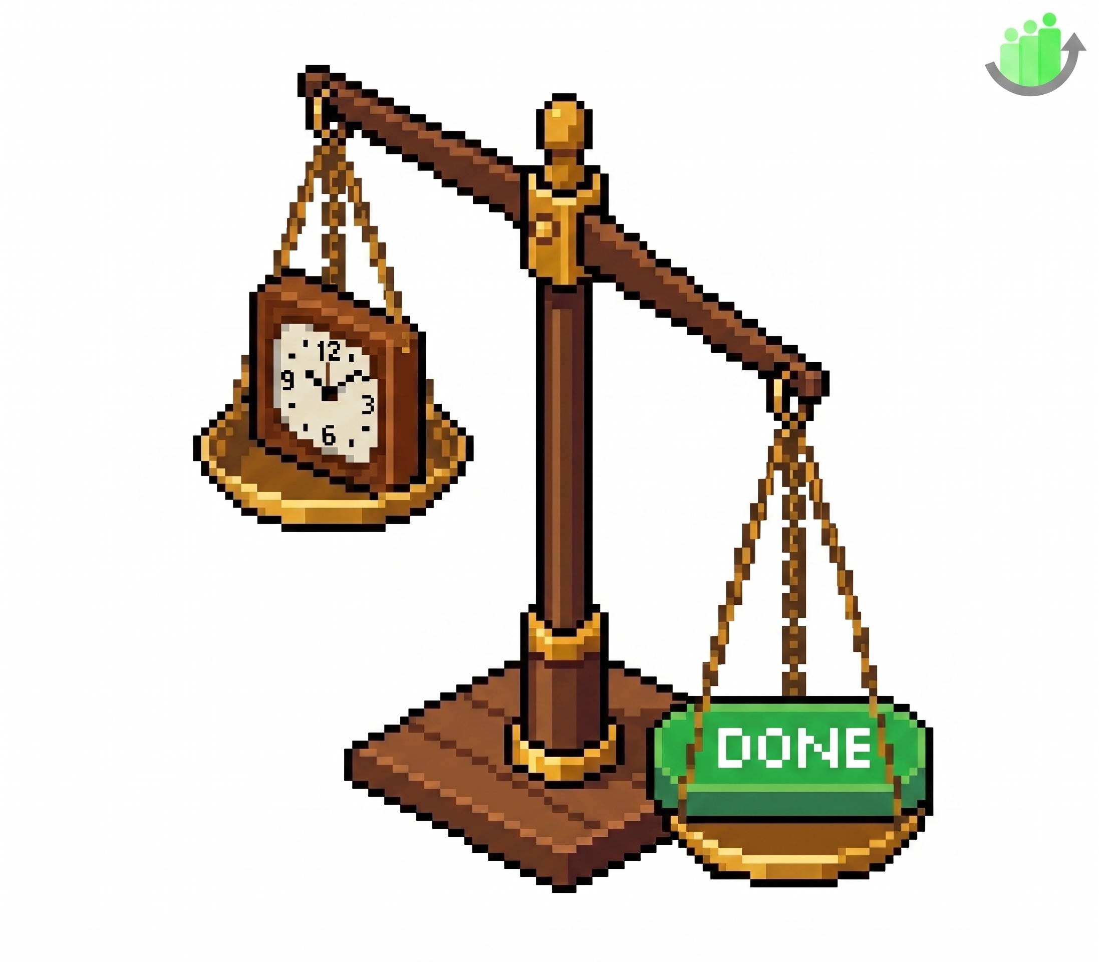 a scale weighing time and done, with done weighing down the balance