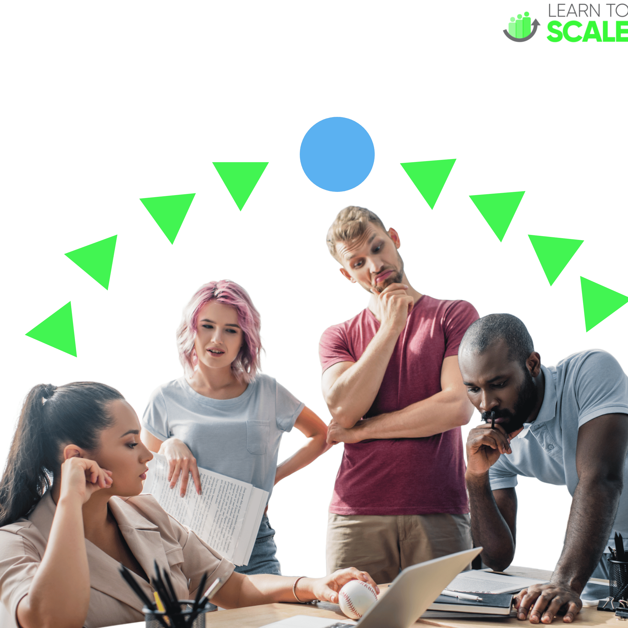 a team of people who are trying to understand each other with green arrows pointing to a shared blue circle